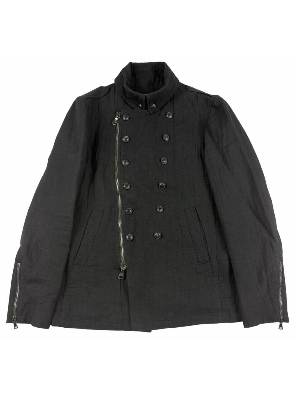 John Varvatos Modern Military Moto Pea Coat Cotton Linen Black Size 46 EU - Picture 2 of 9